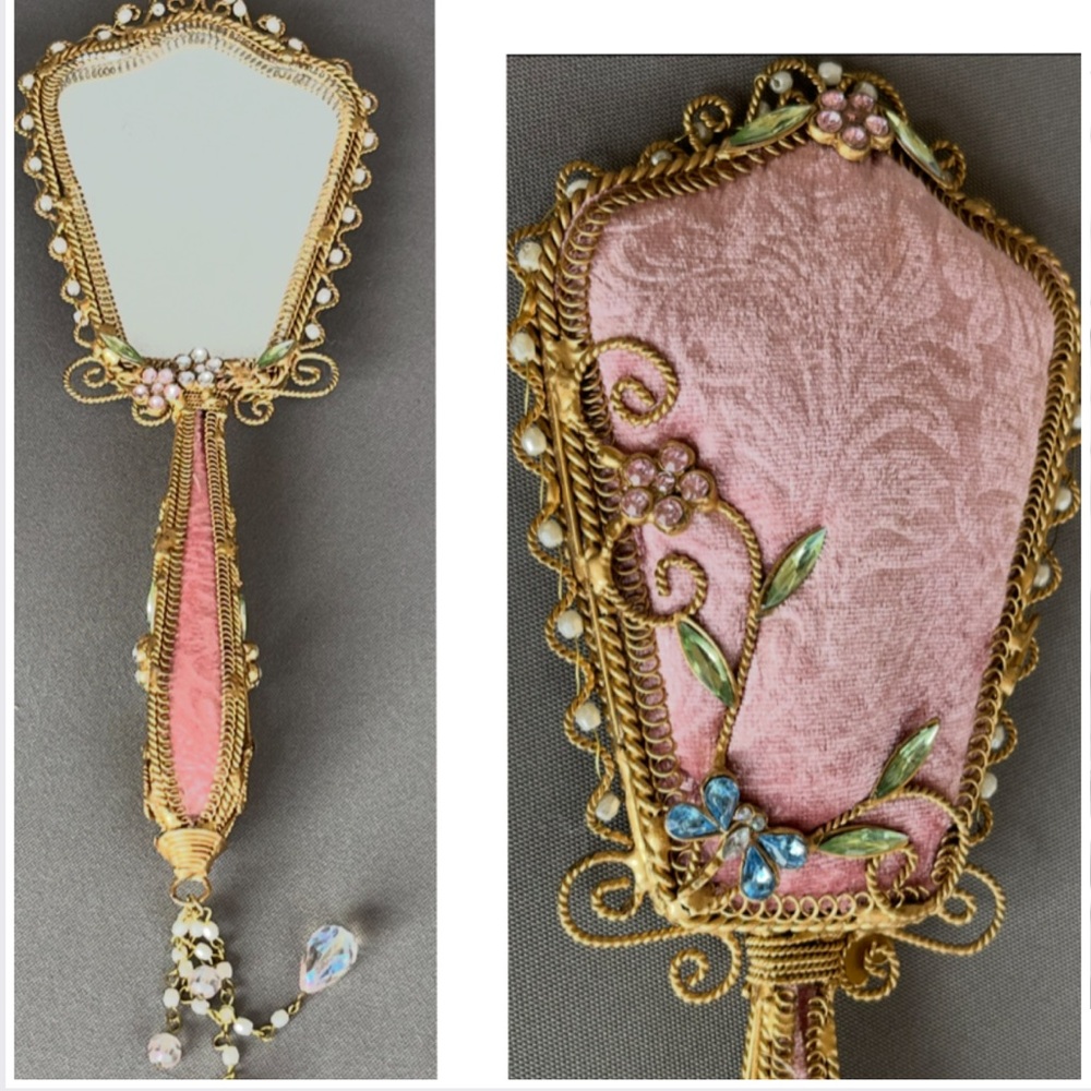 Vintage Pink Velvet Brocade Gold Jeweled Ornate Victorian Hand Mirror